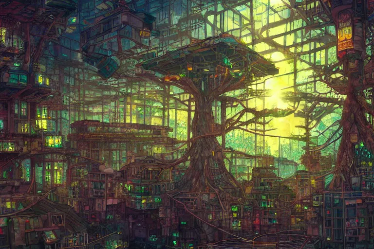 Prompt: solarpunk kowloon walled forest city, still from studio ghibli anime movie, cyberpunk tree house, stained glass windows, robots, digital art, artgerm, trending on artstation