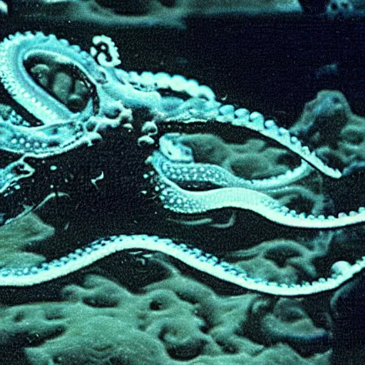 Prompt: 1 9 7 0 s vcr tape underwater rov footage, dark, blurry octopus