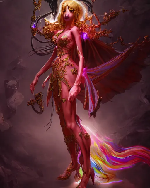 Prompt: demon girl wearing gown, beautiful, fantasy, colorful, cinematic lighting, artstation, trending, highly detailed, focus, smooth, by hirohiko araki and yoshitaka amano