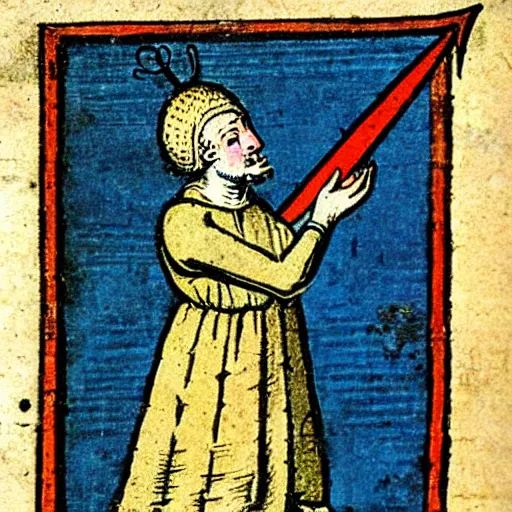 Prompt: a 1 8 th century illustration of a medieval peasant holding a large blue trident above his head.