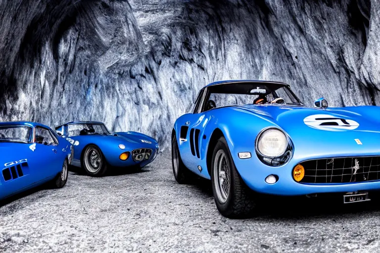 Image similar to cinematography of Ferrari 250 GTO series 2 in a blue glacier cave by Emmanuel Lubezki