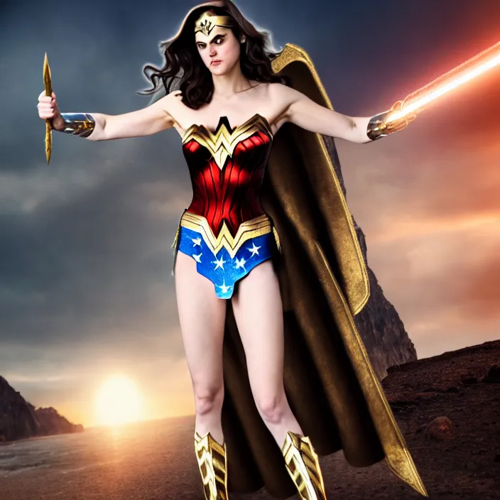 Image similar to professional full length photograph of alexandra daddario as wonder woman. Extremely detailed. 8k