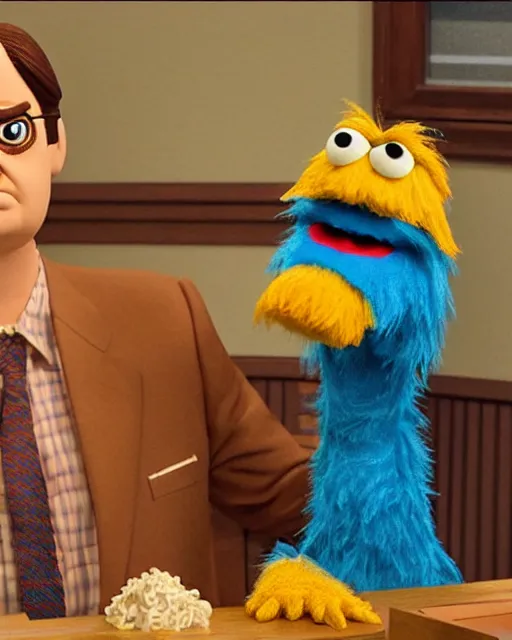 Image similar to film still from the office, dwight schrute as a mumpet!!. highly detailed felt. hyper real photo, octane, sesame street, jim henson, 4 k.