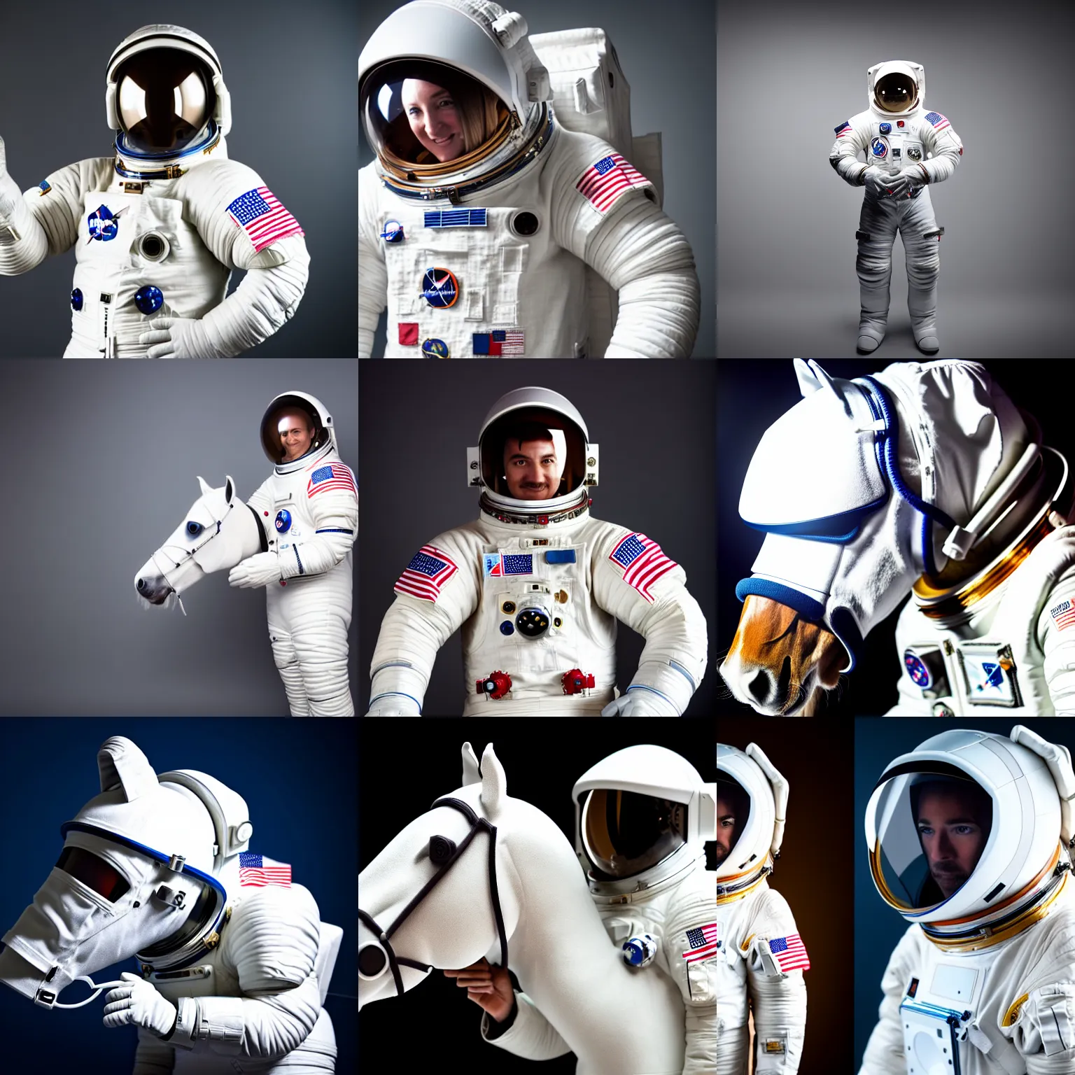 Prompt: horse wearing white spacesuit as astronaut, epic photoshoot studio light, realistic 8 k documentary