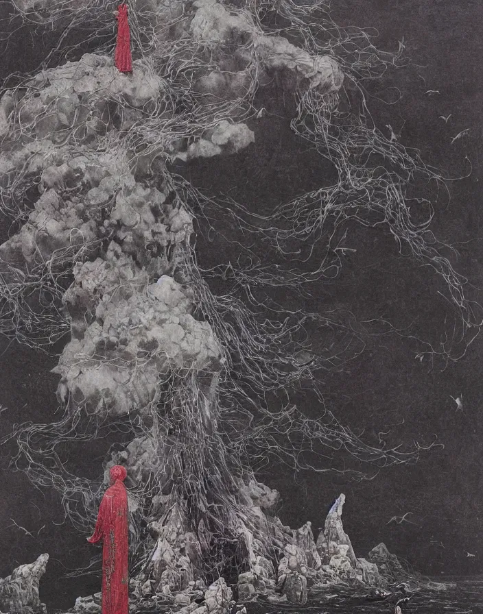 Image similar to worshippers in robes belonging to the cult of the lighthouse standing in waves with ravens flying overhead, a lighthouse, ravens, high detailed beksinski painting, part by adrian ghenie and gerhard richter. art by takato yamamoto. masterpiece, dark and moody, deep colours