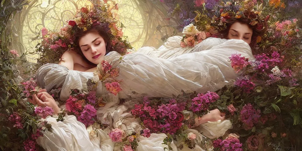 Image similar to mysterious sleeping beauty holding a large bouquet of flowing flowers, sleeping in an elaborate coffin, fantasy, regal, intricate, by stanley artgerm lau, greg rutkowski, thomas kindkade, alphonse mucha, loish, norman rockwell