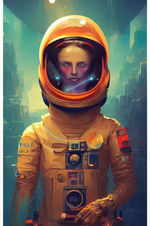 Prompt: a poster design of a portrait of a female astronaut, cyberpunk, warm color, Highly detailed labeled, poster, peter mohrbacher, featured on Artstation