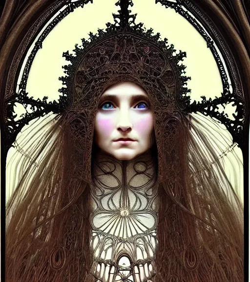 Image similar to hyperrealistic detailed face portrait of a beautiful long haired young goddess morphing into a gothic cathedral, authentic ornamental architecture, intricate and highly detailed, awe inspiring art by ernst haeckel, android jones, h. r. giger, alphonso mucha, gothic, neo - gothic, heavily ornamental,