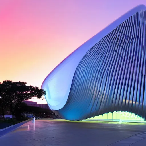 Image similar to extremely detailed stunning sophisticated beautiful elegant futuristic museum exterior by zaha hadid, stunning volumetric light, bright colors, translucent material, beautiful sunset