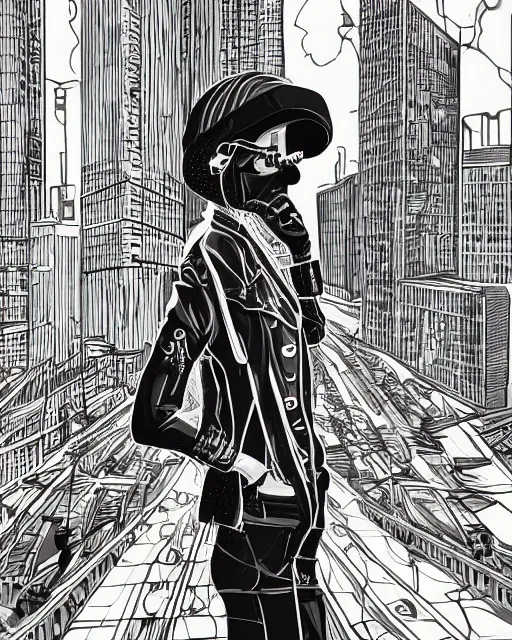 Prompt: cypherpunk fashion illustration, camera face, city street background with high tall buildings, abstract portrait highly detailed, finely detailed