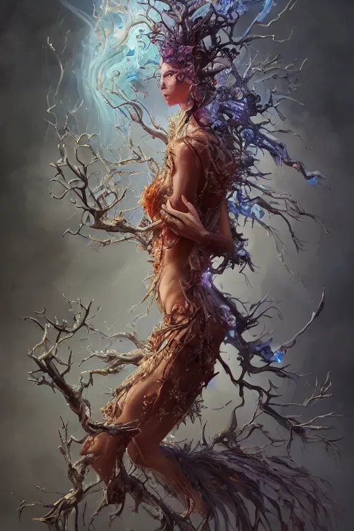 Prompt: torso closeup model wearing exploding fire crystal dress, rotten tree spirit dryad with a beautiful face, sorcerer, diamonds, angel, fantasy, dramatic lighting, highly detailed, digital painting, holding electricity, magic the gathering, hyper detailed, 3 d render, hyper realistic detailed portrait, peter mohrbacher, wlop, ruan jia