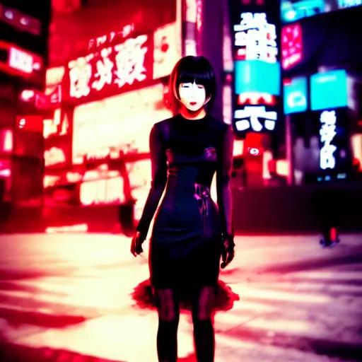 Image similar to asian goth in shinjuku, dark dress, cyberpunk, fashion, biomech, red and turquoise lights, black - red - turquoise - lips, conceptart, highlights, symmetrical, portrait, pretty face, octane, unreal, realism