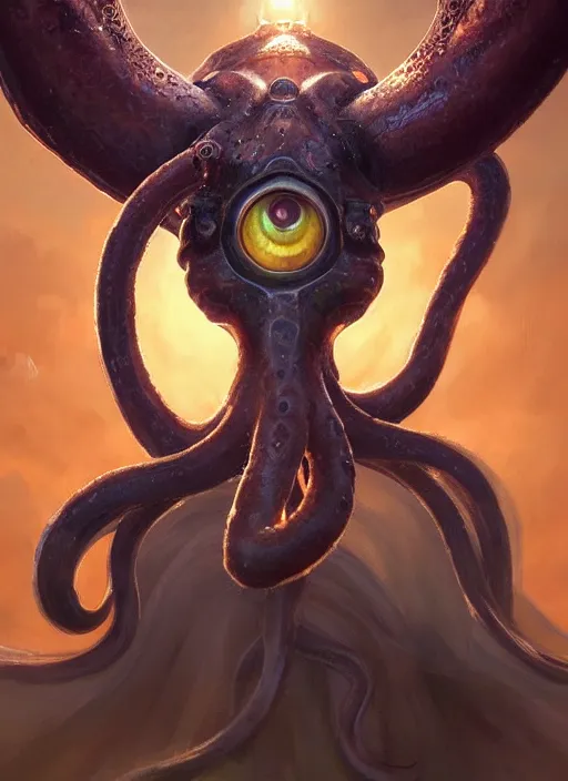 Prompt: a holy cephalopod with long powerful tentacles, a single large eye and angelic wings, highly detailed, digital painting, artstation, concept art, matte, sharp focus, illustration, dramatic, sunset,hearthstone, art by Artgerm and Greg Rutkowski and Alphonse Mucha