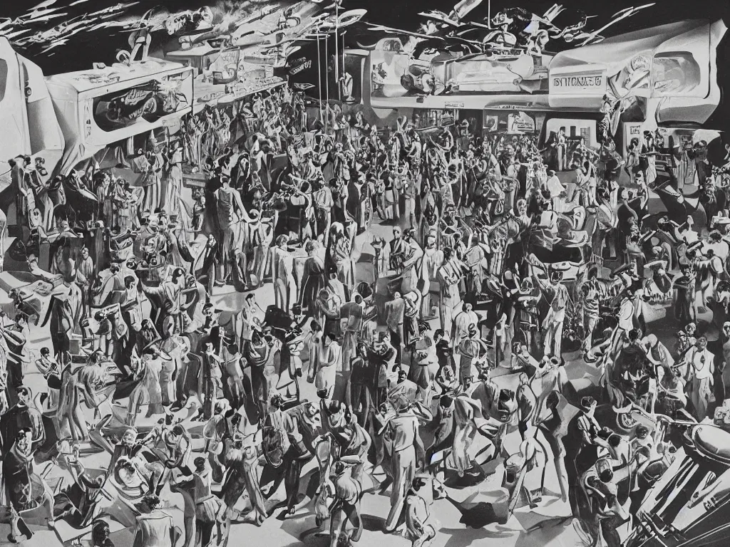 Prompt: a massive party on the mars space colony, 1 9 4 0 s scifi post illustration