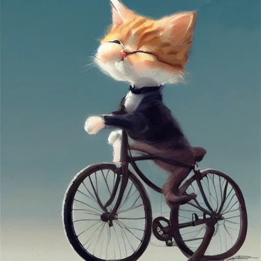 Image similar to head and shoulders masterpiece portrait of cute cat riding a bicycle, digital art by Krenz Cushart, trending on artstation