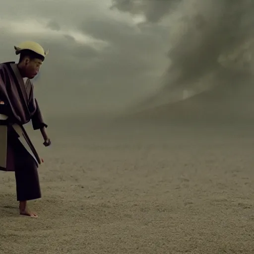 Prompt: cinematic film still Pharrell Williams starring as a Samurai holding fire, Japanese CGI, VFX, 2003, 40mm lens, shallow depth of field,film photography