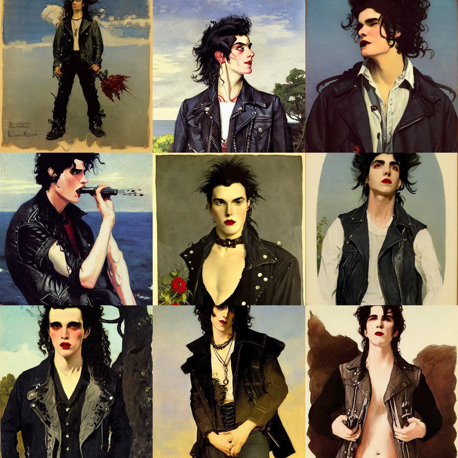 Prompt: beautiful punk rock vampire young man with very long curly dark hair and a denim vest over a leather jacket, clean shaven, as painted by winslow homer and leyendecker