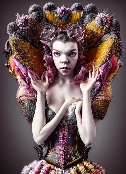 Image similar to expressive full body photo of anya taylor - joy, dress made of sweets and candies, glamour shot, by karol bak, stefan gesell, photorealistic, nikon d 4 x, fashion photography, hyper maximalist, elegant, ornate, luxury, elite, environmental portrait, symmetrical features, octane render, unreal engine, solid dark grey background, dramatic lights