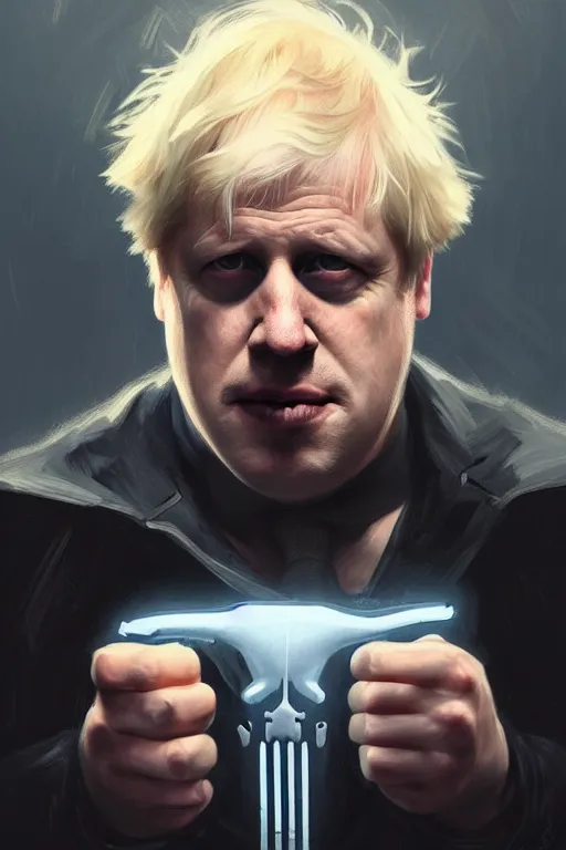 Image similar to Boris Johnson as Punisher, portrait, highly detailed, digital painting, artstation, concept art, sharp focus, illustration, cinematic lighting, art by artgerm and greg rutkowski and alphonse mucha