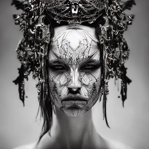 Image similar to a portrait of female model by stefan geselle and nekro borja, photorealistic, intricate details, hyper realistic, ornate headpiece, dark beauty, photorealistic, canon r 3, photography, wide shot, photography, dark beauty, symmetrical features