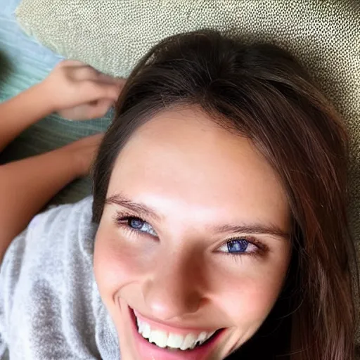 Prompt: Selfie of a cute young woman, long shiny bronze brown hair, full round face, emerald green eyes, medium skin tone, light cute freckles, smiling softly, wearing casual clothing, relaxing on a modern couch, interior lighting, cozy living room background, close-up shot, trending on Instagram, Pinterest