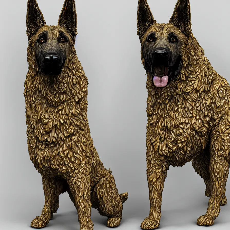 Prompt: beautiful gallery show studio photograph of a giant realistic ceramic sculpture of a german shepherd dog, 3 d fractal structure, celadon glaze, placed on a polished wooden table, colorful hyperrealism 8 k trending on artstation