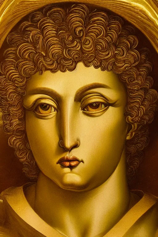 Image similar to archangel Michael, agony face, closeup, ultra detailed, made in gold, Guido Reni style