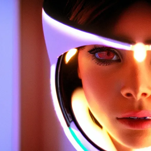 Prompt: photo of young woman, close up, with a cyberpunk camera over right eye with led lights, robotic implants over face, small led lights, white background, from the movie 2001 A Space Odyssey