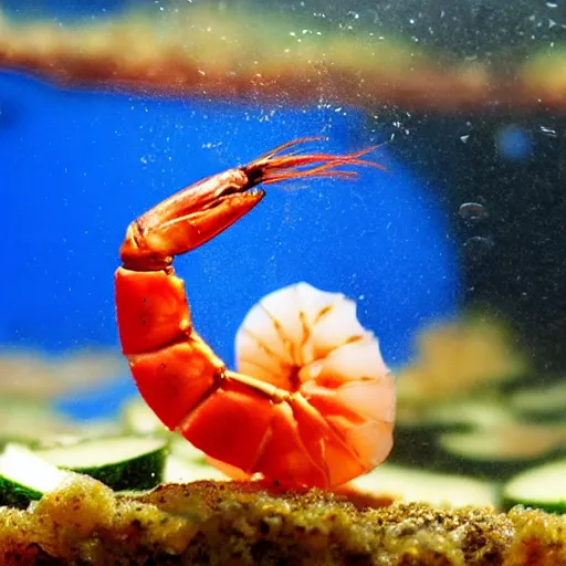Prompt: red cheery shrimp in a small aquarium eating a cucumber hyperrealistic