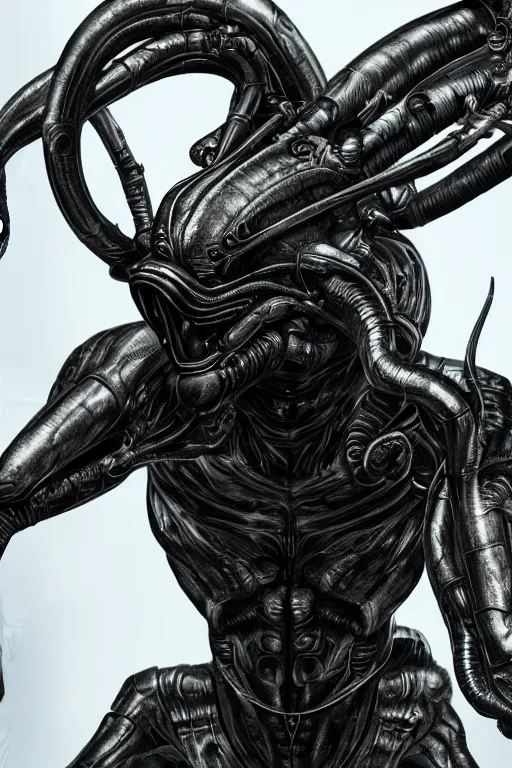Prompt: engineer prometheus, xenomorph alien, highly detailed, symmetrical long head, smooth marble surfaces, detailed ink illustration, raiden metal gear, cinematic smooth stone, deep aesthetic, concept art, post process, 4k, carved marble texture and silk cloth, latex skin, highly ornate intricate details, prometheus, evil, moody lighting, hr geiger, hayao miyazaki, indsutrial Steampunk