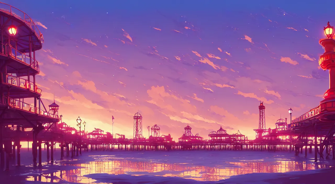 Image similar to The city of Brighton, England, with an old ruined pleasure pier official fanart behance hd by Jesper Ejsing, by RHADS, Makoto Shinkai and Lois van baarle, ilya kuvshinov, rossdraws global illumination