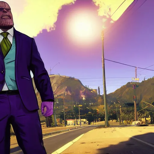 Prompt: Thanos wearing a business suit in GTA V, cover art by Stephen Bliss, boxart, loading screen