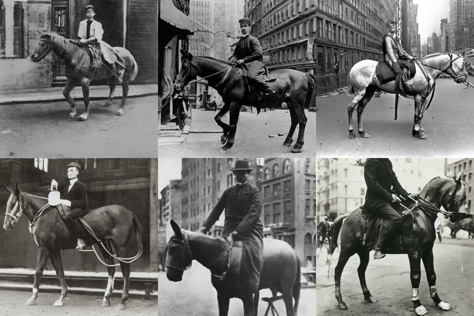 Prompt: billy west riding on a wooden horse in new york city in 1 9 1 0