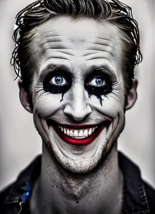 Image similar to photo of Ryan Gosling as the Joker by Lee Jeffries and Eolo Perfido, big smile, head shot, detailed, award winning, Sony a7R