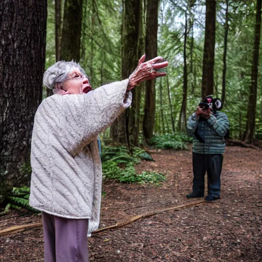 Prompt: elderly woman screaming at bigfoot, canon eos r 3, f / 1. 4, iso 2 0 0, 1 / 1 6 0 s, 8 k, raw, unedited, symmetrical balance, wide angle