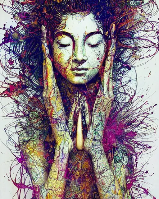 Prompt: strikingly beautiful female bodhisattva, praying meditating, realism, elegant, intricate, portrait photograph!! by Carne Griffiths and David Cronenberg