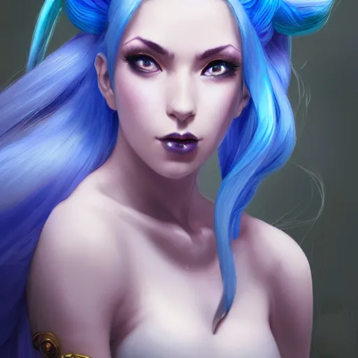 Image similar to a Portrait of JINX from League of Legends, blue hair, pigtail, intricate, elegant, highly detailed, digital painting, concept art, smooth, sharp focus, illustration, art by artgerm and greg rutkowski and alphonse mucha,artstation,deviantart,FAN ART,Unreal Engine,face enhance,8K,golden ratio,cinematic lighting H 704