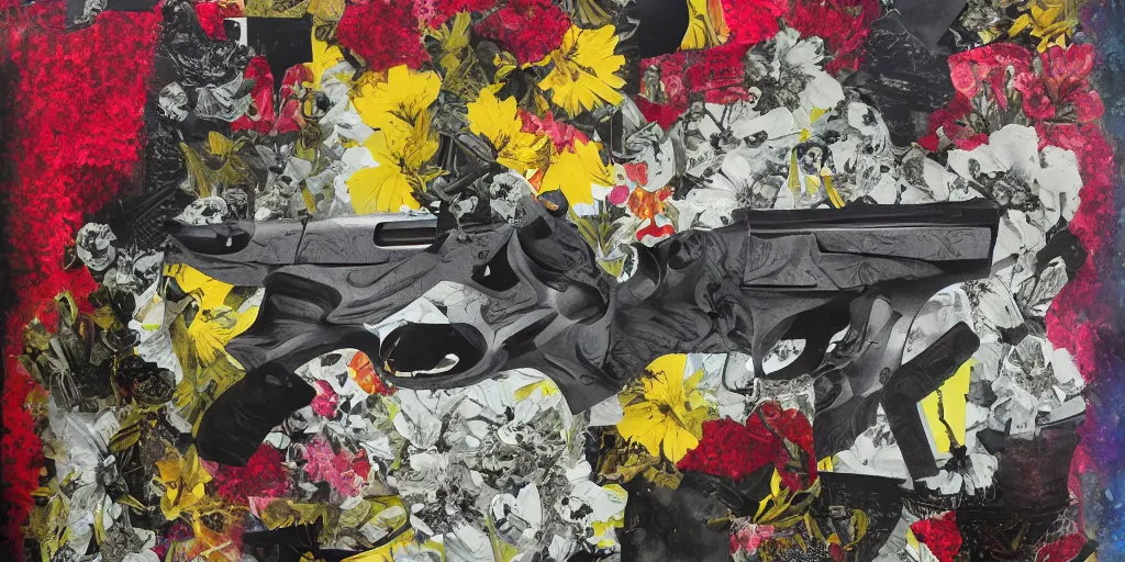 Prompt: guns and flowers, collage, acrylic on canvas, expressionism movement, ultra realistic, smooth shading, ultra detailed, high resolution, cinematic, unreal 6, breathtaking detailed, by blake neubert