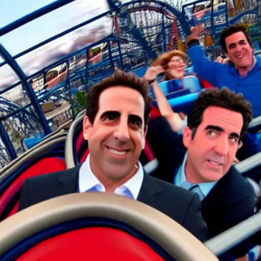 Image similar to ultra realistic detailed 4 k photo of michael scott, jerry seinfeld, ted mosby, phil dunphy, chandler bing, from a roller coaster action camera at an amusement park