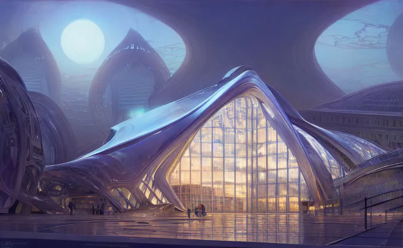 Prompt: exterior shot of utopian architecture transparent building with cinematic lighting by zaha hadid and renzo piano, darek zabrocki and greg ruthkowski, alphonse mucha, simon stalenhag, cinematic, stars, beautiful, holy place, paradise, scifi, futurism, atmospheric, concept art, artstation, trending on artstation