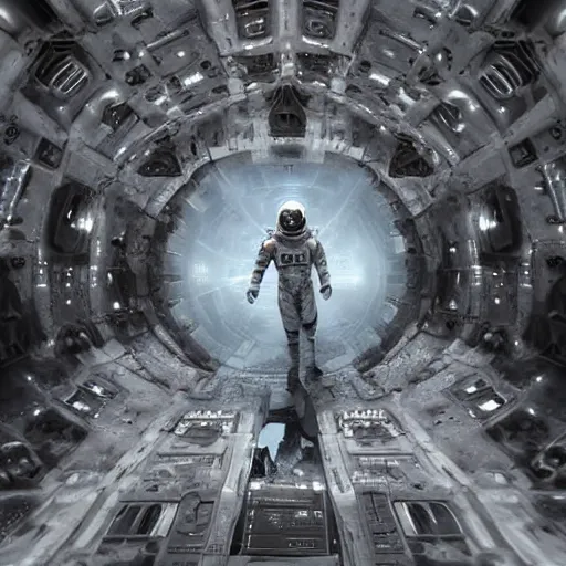 Image similar to concept art by craig mullins astronaut in futuristic dark and empty spaceship underwater. infrared complex and hyperdetailed technical suit. mandelbulb fractal. reflection and dispersion materials. rays and dispersion of light. volumetric light. 5 0 mm, f / 3 2. noise film photo. flash photography. unreal engine 4, octane render. interstellar movie art