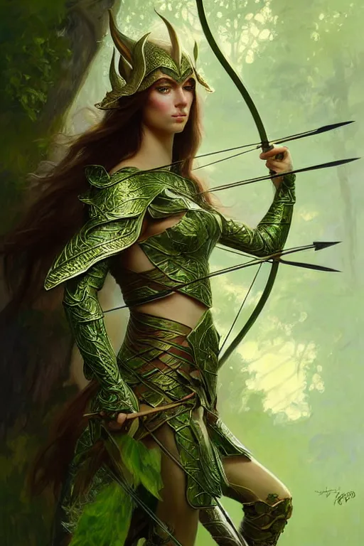 Image similar to male elven Archer armor made of green leaves, fantasy, amber eyes, face, long hair, intricate, elegant, highly detailed, digital painting, artstation, concept art, smooth, sharp focus, illustration, art by artgerm and greg rutkowski and alphonse mucha