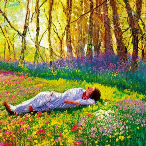 Prompt: dandy dinmont laying on a bed of multi-color flowers and grass in a beautiful forest, golden hour, stunning, Impressionist painting