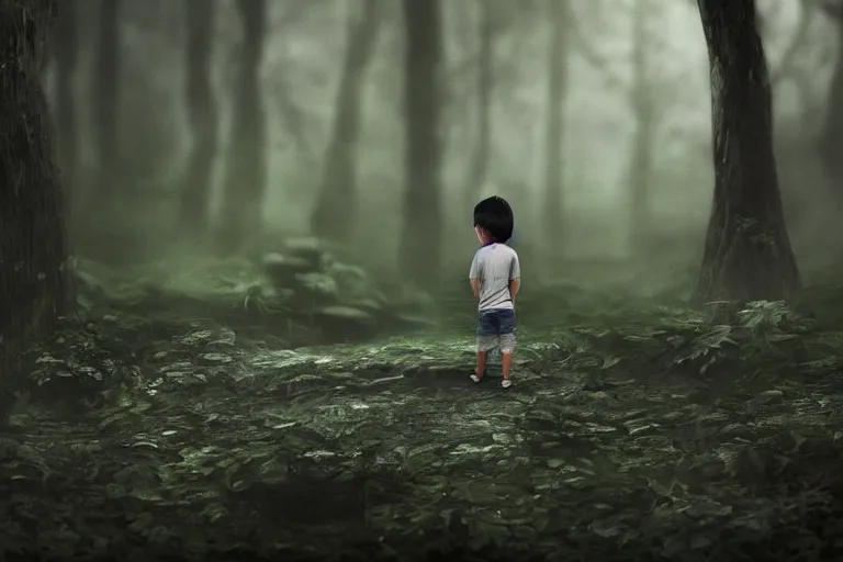 Image similar to a moody scene of a little boy talking with a spirit like a ghost in the middle of a rain forest at night, ultra realistic, style of