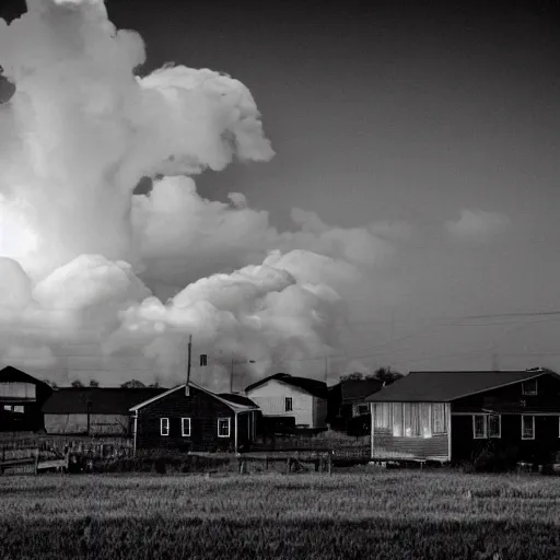 Image similar to a cloud hovering over an amish community, photography, eerie,