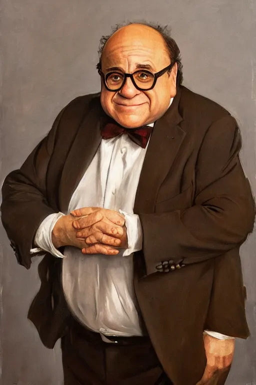 Image similar to Danny DeVito, oil on canvas, golden hour, artstation, by J. C. Leyendecker and Peter Paul Rubens,