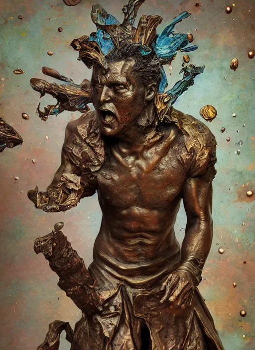 Prompt: An epic fantastic realism comic book style painting of a distressed bronze sculpture from the future by Stanislaw Szukalski, beautiful colorful flowers rain from above, fisheye lens, unreal 5, DAZ, hyperrealistic, octane render, dynamic lighting