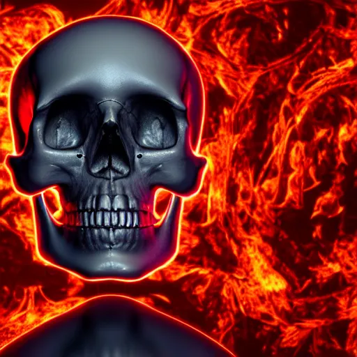 Image similar to a highly detailed human skull on fire in front of a glowing red background, 3 d, highly detailed, digital art, artstation, concept art, initimate lighting, strong bokeh, trending