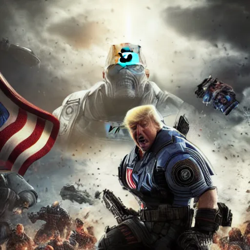 Image similar to Portrait! of President Donald Trump as ((captain america)) in Gears of War, splash art, movie still, cinematic lighting, dramatic, octane render, long lens, shallow depth of field, bokeh, anamorphic lens flare, 8k, hyper detailed, 35mm film grain