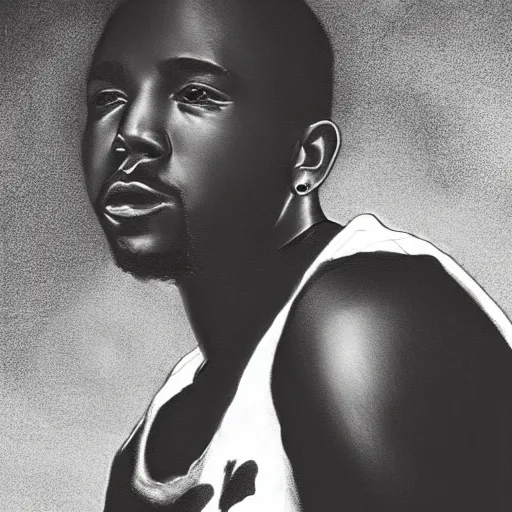 Prompt: black and white graphite drawing of Kendrick Lamar